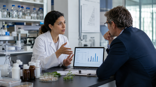 Réunion en laboratoire R&D pour préparer une sous-traitance d’extraction végétale au CO2 supercritique