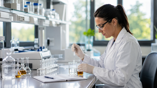 Chercheuse en laboratoire R&D analysant des échantillons pour extraction végétale au CO2 supercritique