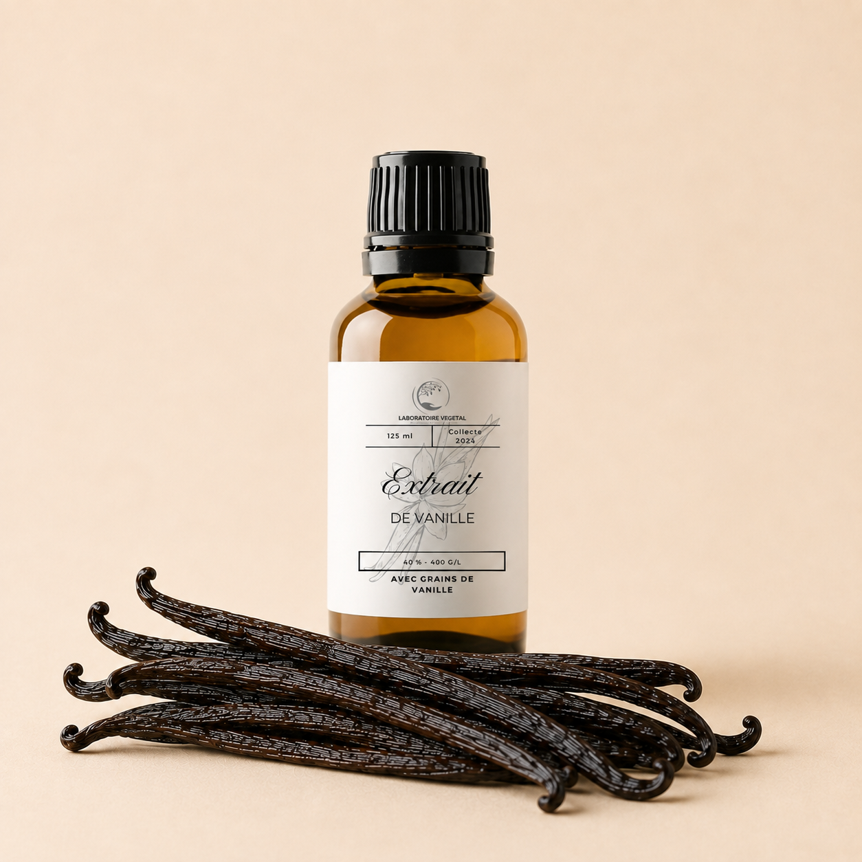Extrait de vanille Bourbon Madagascar 125 ml 40 % avec grains, fond beige