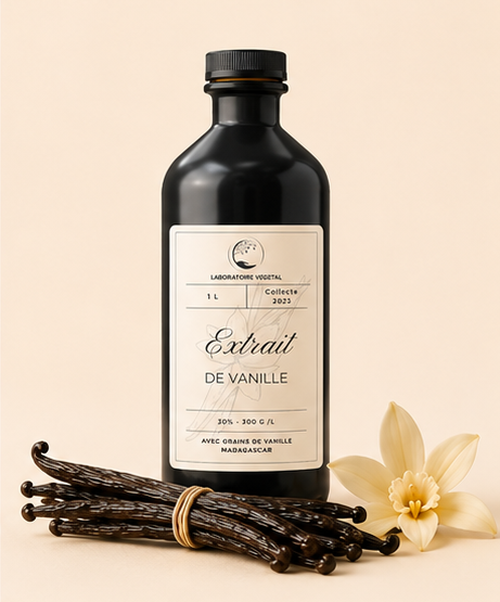 Extrait de vanille Bourbon Madagascar 1 L sur fond beige avec gousses de vanille