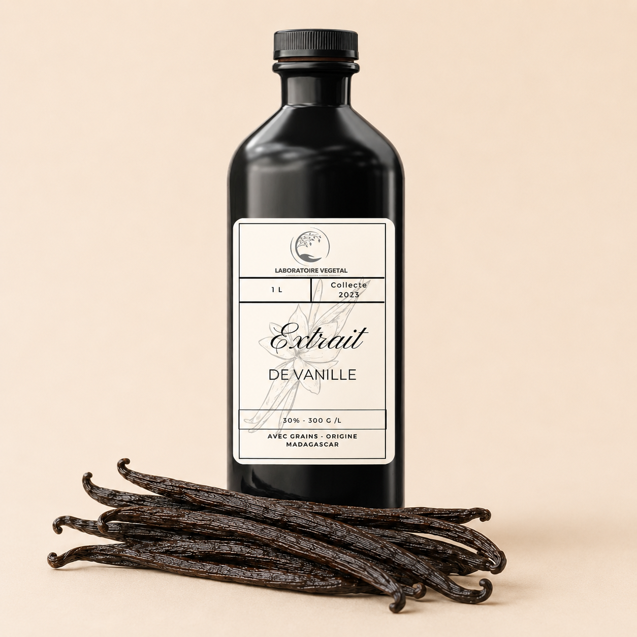 Extrait de vanille Bourbon Madagascar 1 L 30 % avec grains, fond beige