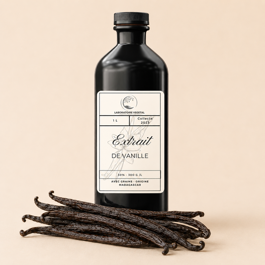 Extrait de vanille Bourbon Madagascar 1 L 30 % avec grains, fond beige