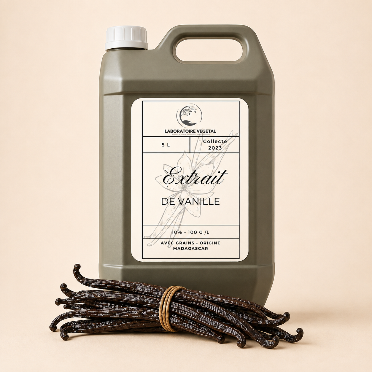 Extrait de vanille Bourbon Madagascar 5 L 10 % avec grains, fond beige